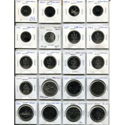 Lot of 20 different Canadian Collector coins 1981 – 2000. Includes 6 25 cents, 7 50 cents and 7 nick