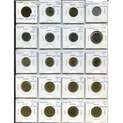 Lot of 20 different French coins including Emperor Napoleon III 1855A 5 centimes, 1922 5 centimes, 1