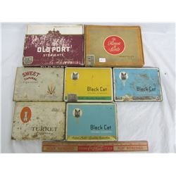 Lot of 5 Flat Fifty Cigarette Tins and 2 Cigar Boxes