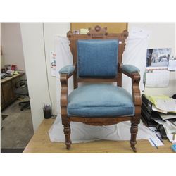 Antique Walnut Eastlake Arm Chair with Blue Upholstery