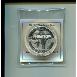 2013 Hockey $10. .9999 pure silver. Housed in a hard plastic holder. Only 33,325 sold. Proof.
