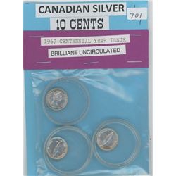Lot Of 3 Ten Cent Coins (Canadian Silver 1967