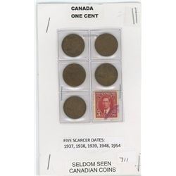 Lot Of 5 One Cent Coins (Canadian) 1937 + 1938 + 1939 + 1948 + 1954