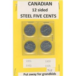 Lot Of 4 Five Cent Coins (Canadian) 1951-1954