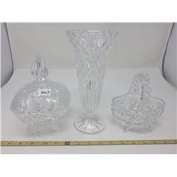 basket, vase, covered candy dish (crystal pin wheel)
