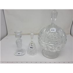 3 pieces of crystal, candlestick holder, bell and covered candy dish