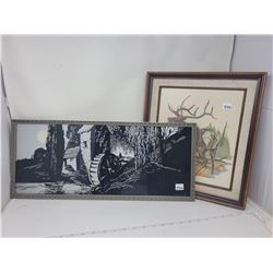 2 pictures, cross stitch elk and old water wheel picture
