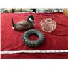 Image 1 : Duck (broken tail + pieces missing) a Goodyear Tire (Missing Ashtray) & bottom for coal oil lamp