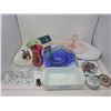 Image 1 : glassware lot with porcelain teapot, anchor hocking oven dish, heat plates, small glass bear and mor
