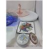 Image 4 : glassware lot with porcelain teapot, anchor hocking oven dish, heat plates, small glass bear and mor