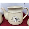 Image 3 : Set Of (6) Beige Teapot + Creamer + Sugar + Etc. (Wooden Lids)