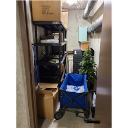 Shelving, cart, xmas decor, large black tote, suitcase. Large lot. Pickup at 11 am