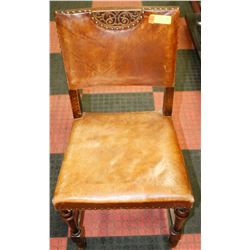 ANTIQUE WOOD AND LEATHER SIDE CHAIR