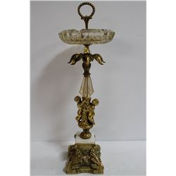ANTIQUE BRASS AND CRYSTAL ASHTRAY. 25" TALL