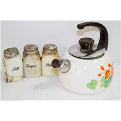 GLASS SALT AND PEPPER SET AND ENAMELLED TEA KETTLE