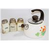 Image 1 : GLASS SALT AND PEPPER SET AND ENAMELLED TEA KETTLE