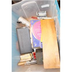 BOX OF ASSORTED TOOLS SAW BITS AND MORE