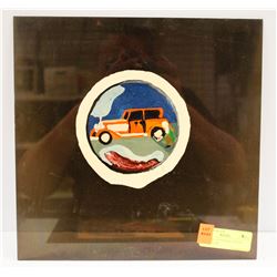 PAINTING OF VINTAGE CAR ON BLACK PLEXI. 12 X 12
