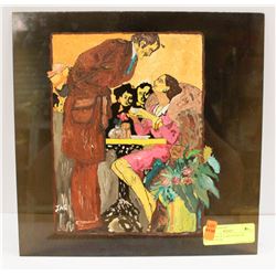 PAINTING OF CAFE SCENE ON BLACK PLEXI. 12 X 12