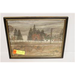 1967 PAINTING OF FARM SIGNED IRENE. 13 X 10