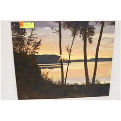 ORIGINAL OIL ON CANVAS SUNSET LAKE PAINTING