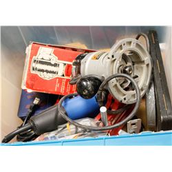 BIN OF TOOLS:  DIE GRINDER, ROUTER, NEW TOOLS AND