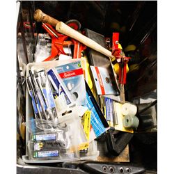BIN OF ASSORTED TOOLS HAMMERS HOLE BITS AND MORE