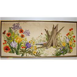 VINTAGE CREWEL FLORAL LANDSCAPE LARGE