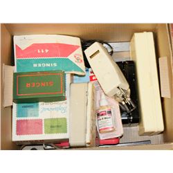 BOX OF ASSORTED VINTAGE SEWING MACHINE ACCESSORIES