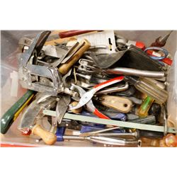 BIN OF ASSORTED TOOLS PLIERS SCREWDRIVERS AND MORE