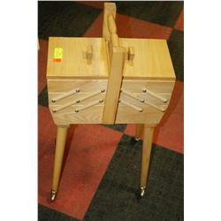 VINTAGE TIERED SEWING CASE FULL OF SEWING NOTIONS