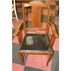 ANTIQUE WOODEN ARM CHAIR LEATHER BOTTOM