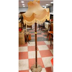 ANTIQUE WOODEN POLE LAMP WITH SHADE. 72" TALL