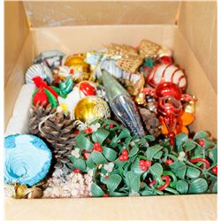 BOX OF ASSORTED VINTAGE CHRISTMAS ORNAMENTS