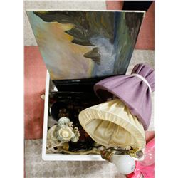 ESTATE BOX WITH POODLE LAMP, PAINTINGS AND MORE
