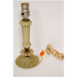 VINTAGE GREEN GLASS BASED TABLE LAMP. 11" TALL