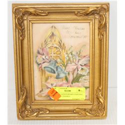 ANTIQUE ANNIVERSARY PAINTING ON FABRIC FRAMED