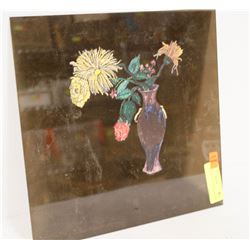 FLORAL PAINTING ON BLACK PLEXI. 12 X 12