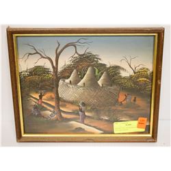 ANTIQUE OIL ON BOARD AFRICAN VILLAGE SIGNED