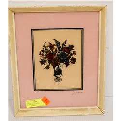 VINTAGE GLASS PAINTED PICTURE FLORAL SIGNED J