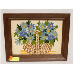 VINTAGE CREWEL FLOWERS IN VASE PICTURE. 17 X 13