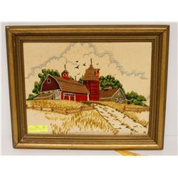 VINTAGE CREWEL FABRIC FARM SCENE PICTURE