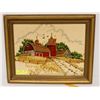 Image 1 : VINTAGE CREWEL FABRIC FARM SCENE PICTURE