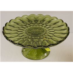 VINTAGE GREEN CUT GLASS CAKE TRAY