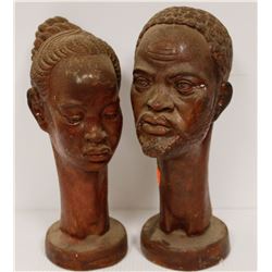 1960S CERAMIC CAST AFRICAN HEADS MALE AND FEMALE