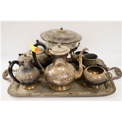 ANTIQUE HAND ENGRAVED SILVER PLATE TEA SERVICE SET