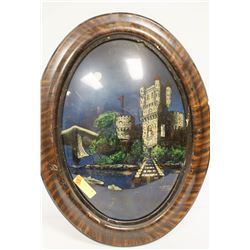 ANTIQUE CURVED GLASS REVERSE GLASS PAINTED CASTLE
