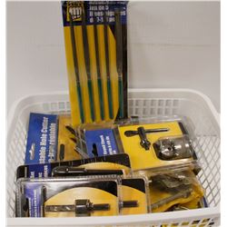 BIN OF ASSORTED NEW TOOLS, CALLIPERS AND MORE