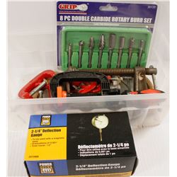 BIN OF ASSORTED NEW TOOLS, CLAMPS, BITS AND MORE