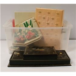 ASSORTED VINTAGE JEWELLERY BOXES W BOOKENDS